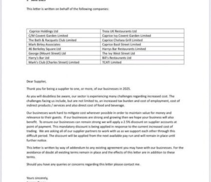 Ivy owner apologises for demanding discounts from suppliers