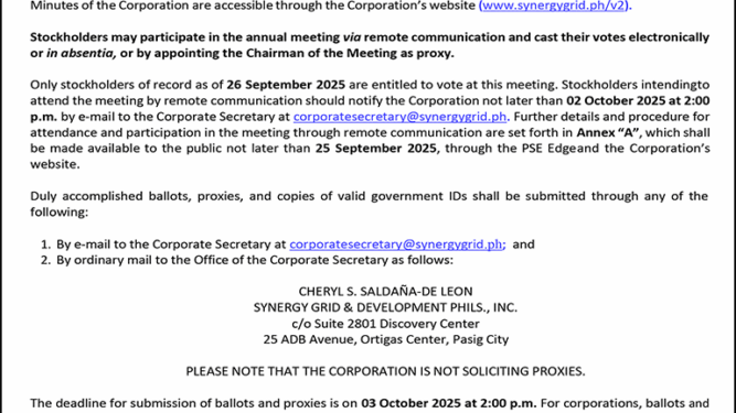 Synergy Grid & Development Phils., Inc. to hold Annual Stockholders’ Meeting on Oct. 16 via remote communication