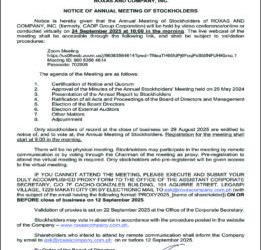 Roxas and Company, Inc. to conduct 2025 Annual Meeting of Stockholders virtually on Sept. 24
