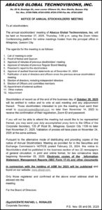 Abacus Global Technovisions, Inc. to hold its Annual Stockholders’ Meeting on Nov. 27 via Zoom