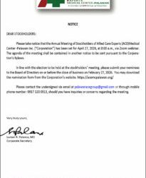 Allied Care Experts (ACE) Medical Center -Palawan to hold Annual Meeting of Stockholders on April 27 via Zoom
