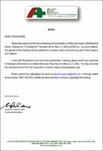 Allied Care Experts (ACE) Medical Center -Palawan to hold Annual Meeting of Stockholders on April 27 via Zoom